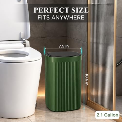 Small Green Bathroom Trash Can with Lid 2.1 Gallon - Press-to-Open, Odor & Pet Control