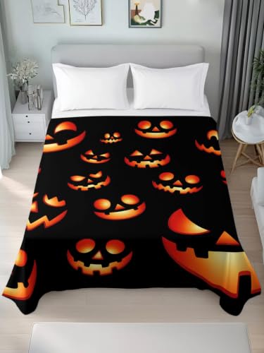 Halloween Twin Flat Sheet Spooky Jack-O-Lanterns Bedding - Black, Red, Orange, 66x96 Inches