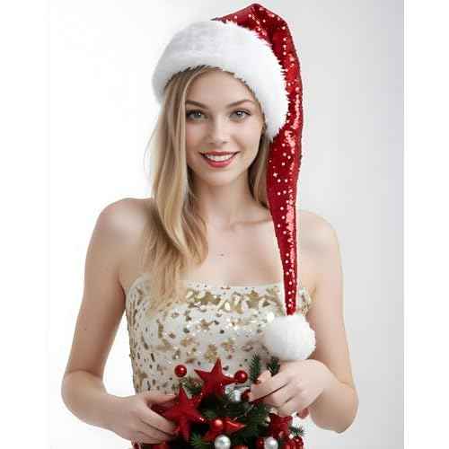 Long Santa Hat for Adults Women Men Unisex Sequin Red Christmas Hat Cap Xmas Hats for New Year Festive Holiday Halloween Costume Party