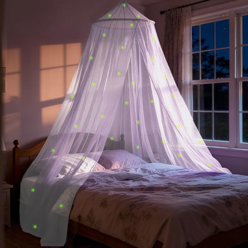 Glow-in-the-Dark Star Bed Canopy for Girls, Pale Purple Princess Decor
