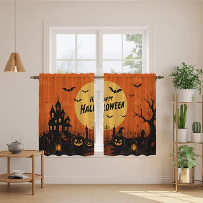Orange Halloween Tier Curtains Set - Black Pumpkins & Moon Design, 27.5W x 45L, Pack of 2