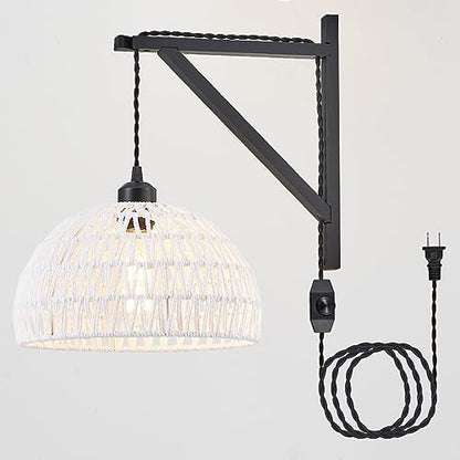 KAMTAT Boho Rattan Plug in Wall Sconces White Hand Woven Wall Lamp with Plug in Cord Rattan Wall Lights Wall Sconce Wall Mounted Light Boho Wall Lighting for Bedroom Living Room(1PK)