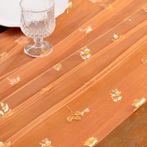 Gold Gauze Table Runner Fall Maple Leaf Sheer Party Centerpiece 10ft x 3pcs - Orange
