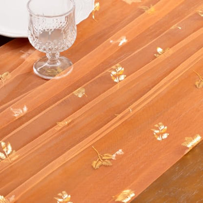 Gold Gauze Table Runner Fall Maple Leaf Sheer Party Centerpiece 10ft x 3pcs - Orange
