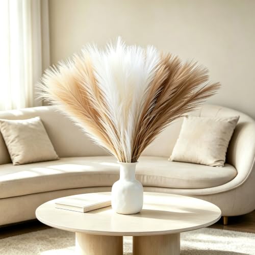 Artificial Pampas Grass Decor Set - Beige, Khaki & White, 21.6 Inch Fluffy Boho Home Accent