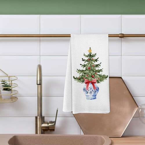 Yorhifa Blue and White Chinoiserie Christmas Tree Kitchen Towels, Red Bow, 16x24 Inches, Variation 8
