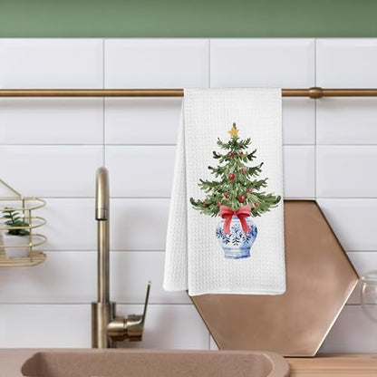 Yorhifa Blue and White Chinoiserie Christmas Tree Kitchen Towels, Red Bow, 16x24 Inches, Variation 8