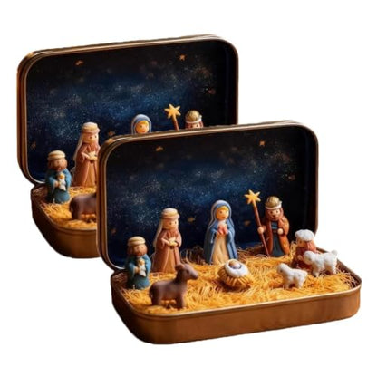 Mini Christmas Nativity Set in Tin Box - Holy Family Figurines, Small Creche, Resin, 2 Pieces