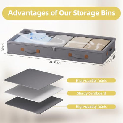 2-Pack 3-Inch Low Profile Under Bed Storage Container with Lid - Dark Grey, Slim & Sturdy