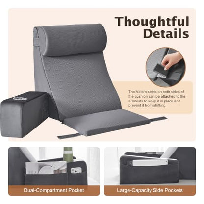 Reading Pillow for Bed with Armrests, Cup Holder & Pockets, Back Support Cushion