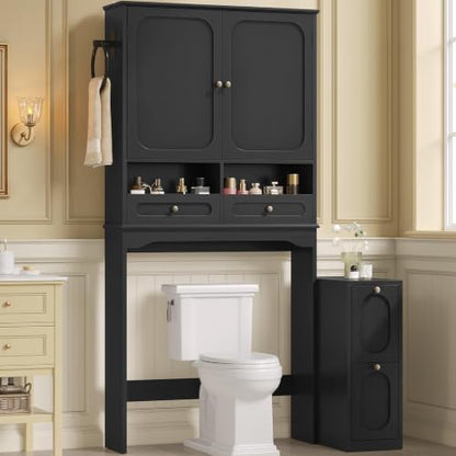 Black Over Toilet Storage Cabinet with Mobile Cart - Bathroom Organizer