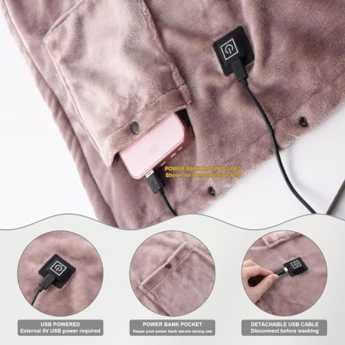 USB Heated Blanket Wearable Flannel Lap Throw 63x32 Inches Gray