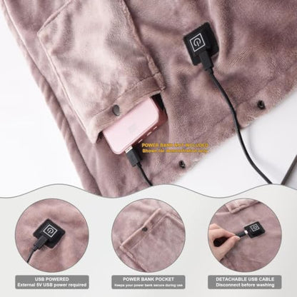USB Heated Blanket Wearable Flannel Lap Throw 63x32 Inches Gray
