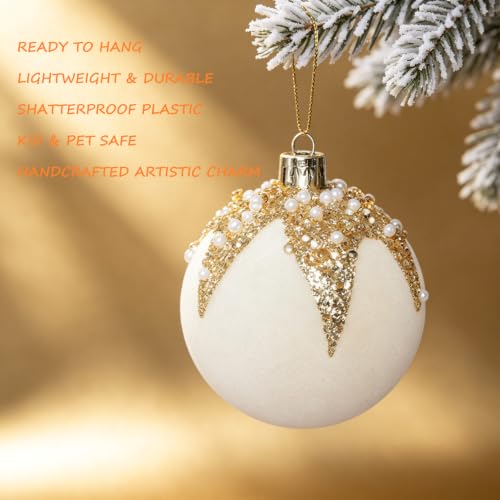 HipTree White Gold Velvet Christmas Tree Baubles 12 Pack - 3.14 Inch