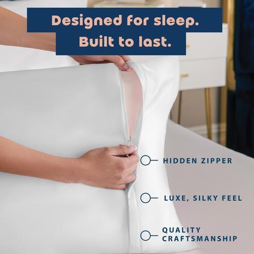 BLISSFORD Satin Pillowcase Set - Soft & Cool Zippered Design for Hair & Skin Care | White, Standard Size - 2 Pack
