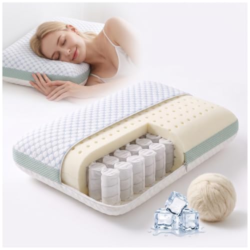 Cyan & White Hybrid Cooling Memory Foam Pillow with Micro-Springs - Queen