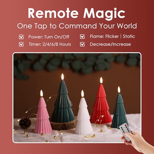 Flameless Christmas Tree Candles with Remote (Set of 2) - White, Pink, Green, Red - 2 AAA/3 AAA Battery Operated