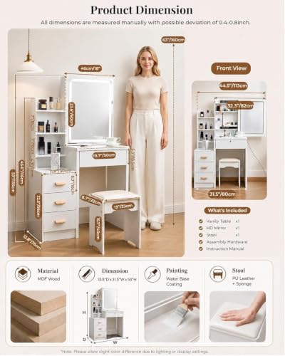 Breevia White Small Vanity Desk with Mirror & Lights, 31.5" Compact Dressing Table with Stool, 4 Drawers