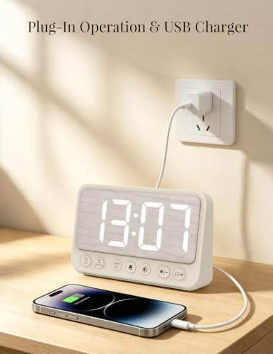 Topski Digital Alarm Clock with Night Light - White Bedside Clock with 8-Color LEDs & USB Charging