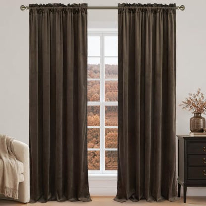 Brown Velvet Blackout Curtains 52W x 84L Set of 2 - Thermal & Light-Blocking