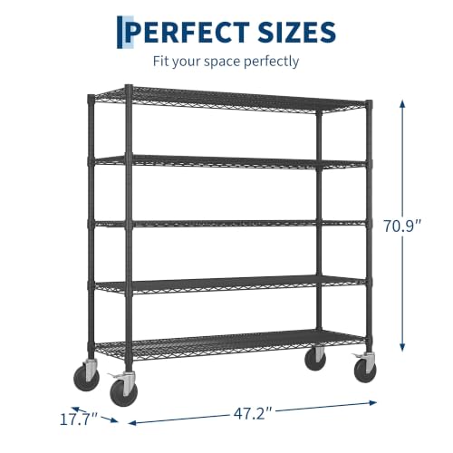Garvee 70.87" Metal Shelving with Wheels, 5-Tier Wire Storage Rack, Heavy Duty