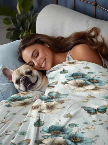 Twin Flat Sheet - Pale Blue-Green Floral Microfiber Bed Sheet for Twin Bed