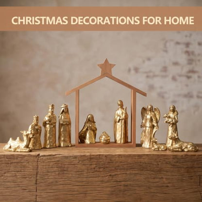 Gold 12-Piece Nativity Scene Set with Stable - Religious Christmas Decoration