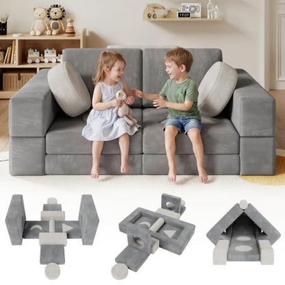 Grey Modular Kids Play Couch - 17-Piece Toddler Sofa with Shape Pillows & Window Panels
