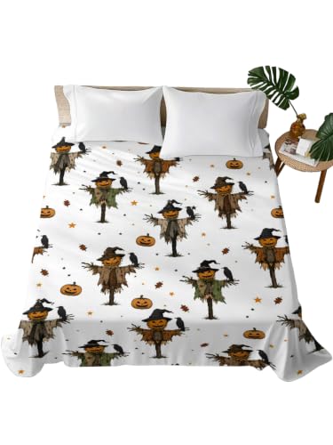Halloween Twin Flat Sheet with Pumpkins & Crows - Orange, 66x96 inches, Soft Bedding