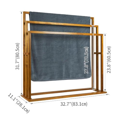 Large Teak Standing Towel Rack - Freestanding Bathroom Drying Organizer