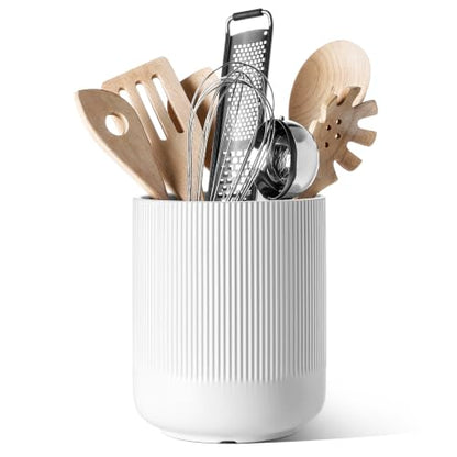 Large Ceramic Kitchen Utensil Holder White 7.3 Inch Countertop Organizer