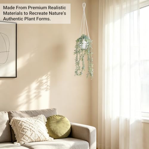 Ivory Fake Hanging Plant with Macrame Pot and Eucalyptus Vines - Durable Indoor Decor