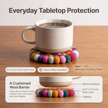 Multicolor Wool Felt Coasters with Holder - 5 Pack Round Handmade Drink Protectors