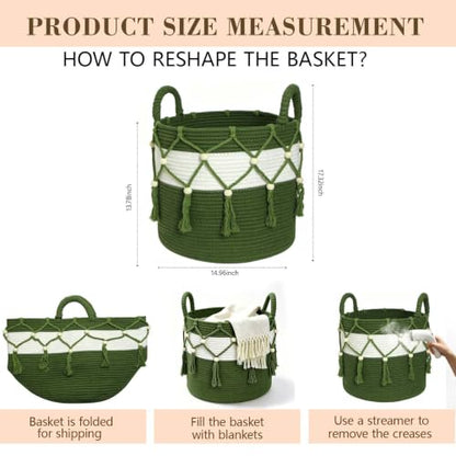 Green Cotton Rope Blanket Basket for Living Room Storage & Toy Organizer