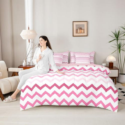 Pink Gradient Chevron Kids Comforter Set King Size 7 Pieces - Hot Pink White