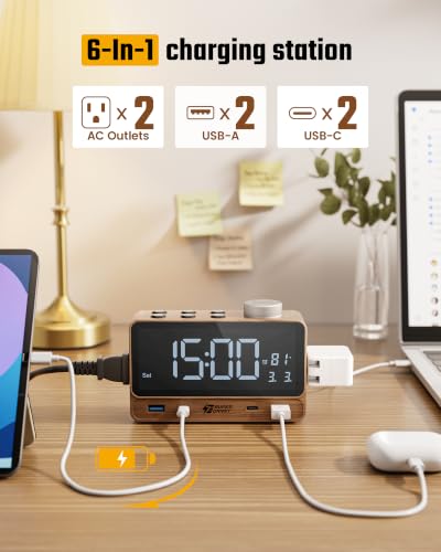 Walnut Wood Superdanny Alarm Clock with 20W PD Charging Station, 4 USB & 2 AC Outlets