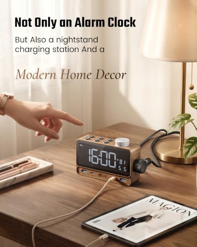 Walnut Wood Superdanny Alarm Clock with 20W PD Charging Station, 4 USB & 2 AC Outlets