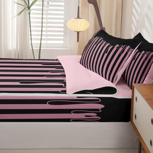 Black Pink Striped Zipper Bedding Set Twin with Comforter & Sheets for Kids - Minimalist Geometric Lines Bed in a Bag - Variation: Black Pink / Twin
