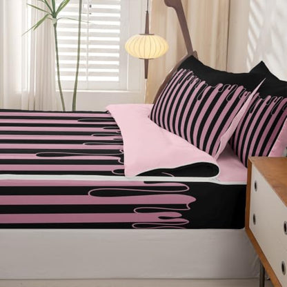Black Pink Striped Zipper Bedding Set Twin with Comforter & Sheets for Kids - Minimalist Geometric Lines Bed in a Bag - Variation: Black Pink / Twin