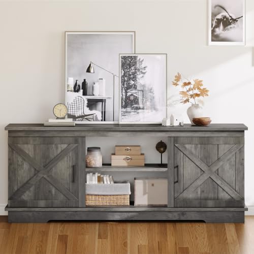 65-Inch TV Stand with Barn Doors and Adjustable Shelf, Rustic Grey - 59" without Fireplace