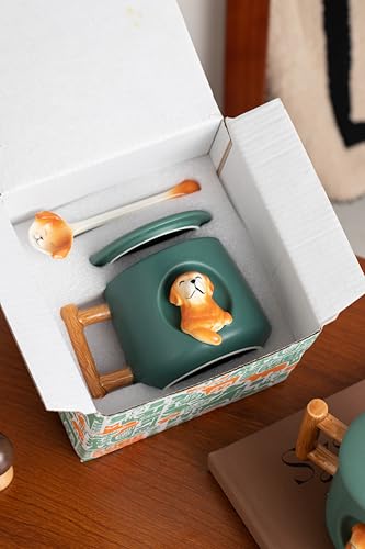 Ceramic Coffee Mug with Lid & Matching Spoon - Green Golden Retriever Pattern, 14oz
