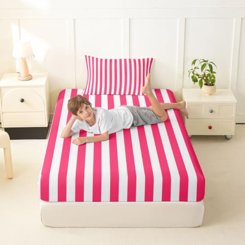 Kids Twin Size Red White Striped Fitted Sheet No Top Sheet - Elastic Corners
