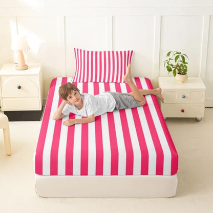 Kids Twin Size Red White Striped Fitted Sheet No Top Sheet - Elastic Corners