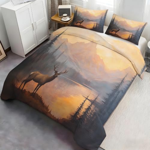 Deer Duvet Cover Queen Size - Forest Deer Bedding Set 3 Piece with Zipper Closure - Queen 90x90