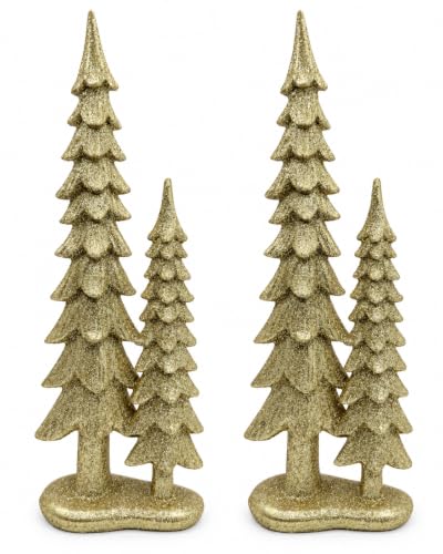 Set of 2 Gold Resin Christmas Tree Decorations - 12.75 Inch Holiday Figurines