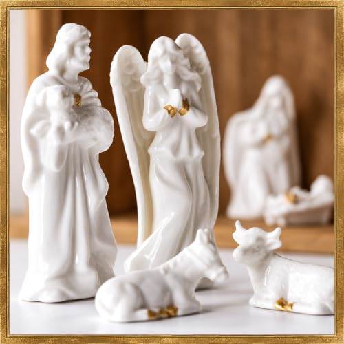 White Ceramic Nativity Set with Wooden Stable - 11 Piece Christmas Scene