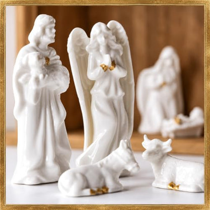 White Ceramic Nativity Set with Wooden Stable - 11 Piece Christmas Scene