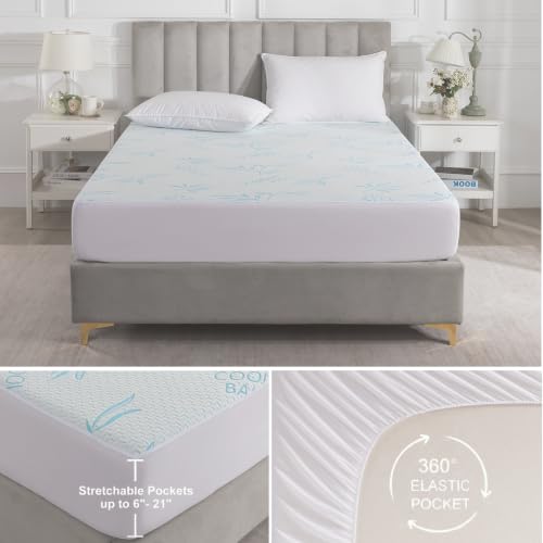 SHOUREN Full-Size Mattress Topper Cover Blue 8-18 Inch Viscose Bamboo Protector