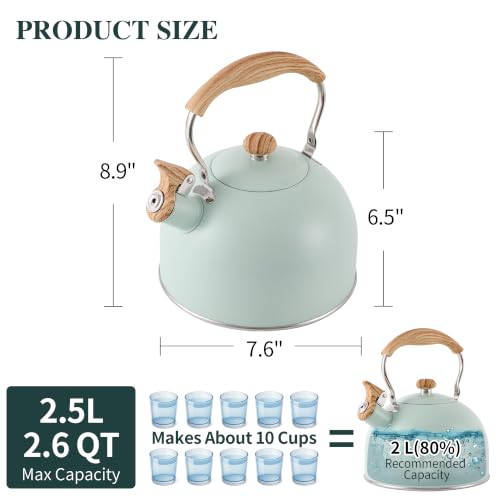 Stainless Steel 2.6 Qt Whistling Tea Kettle with Wood Pattern Handle - Turquoise