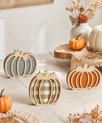 Putuo Decor 3pcs Fall Pumpkin Table Decorations - Orange Blue Plaid Variation